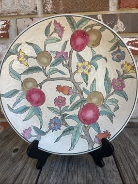Chinese vintage porcelain charger plate hand-painted peach and floral design 10”